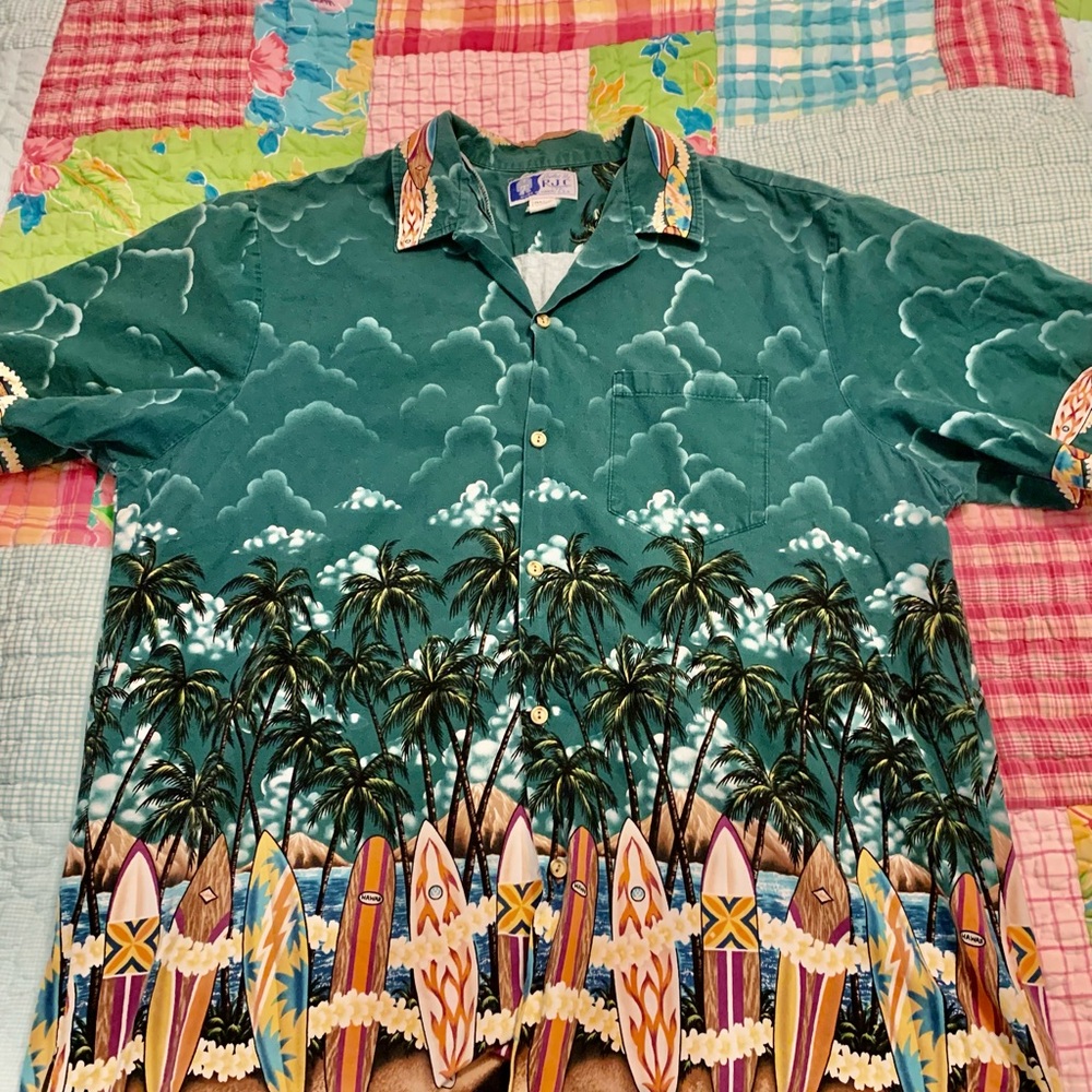 RJC Vintage Aloha Hawaiian Shirt Green Surfboard Made in Hawaii 2XL